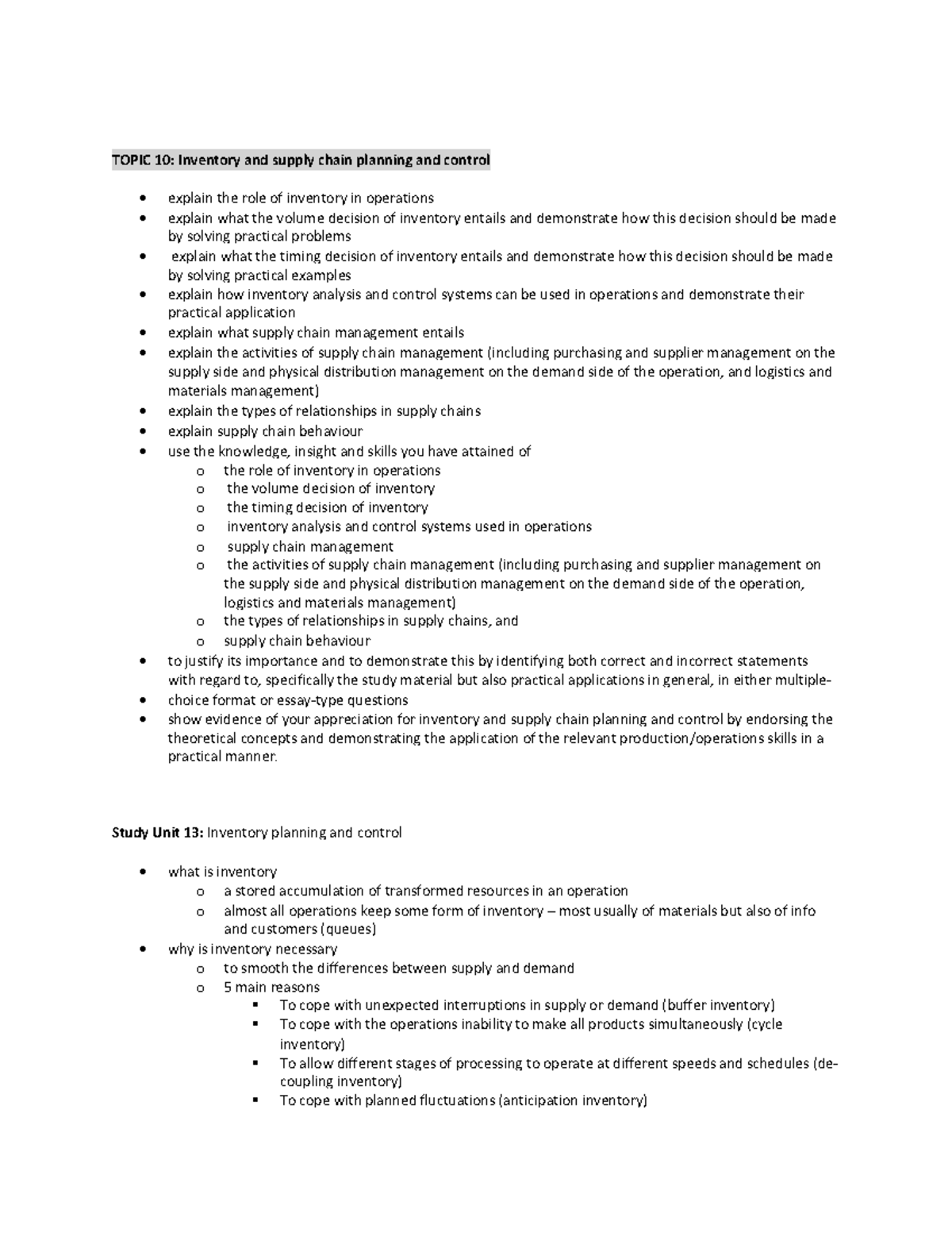 Inventory and supply chain planning and control - Study Unit 13 ...