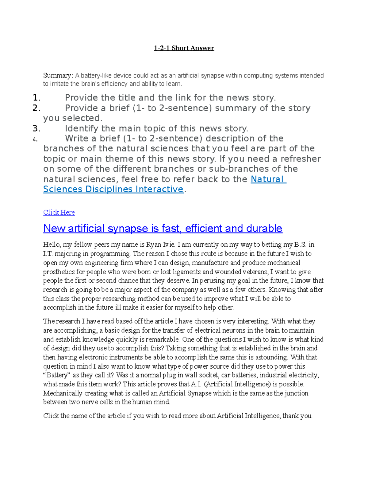 1-2-1 Short Answer - 1-2-1 Short Answer Summary: A battery-like device ...