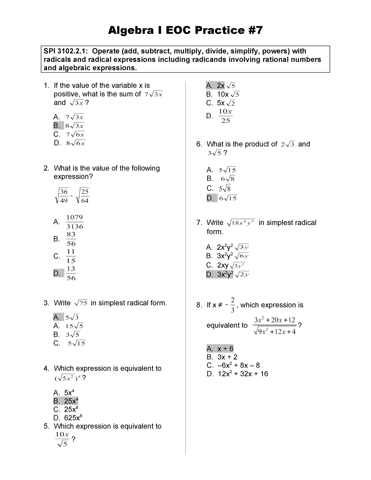 EOC Practice WS 7 Answers - Algebra I EOC Practice SPI 3102.2: Operate ...