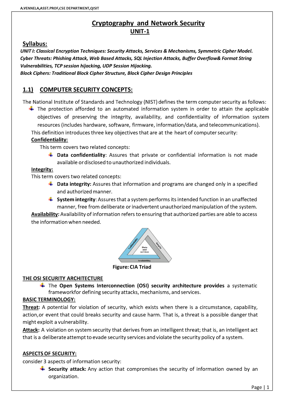 R19 CNS UNIT 1 CNS Cryptography and Network Security UNIT