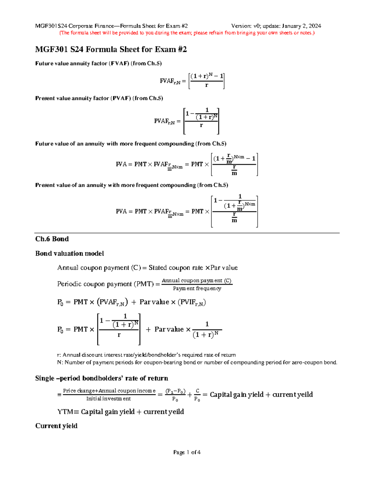 MGF301 Exam 2 Formula Sheet - (The formula sheet will be provided to ...