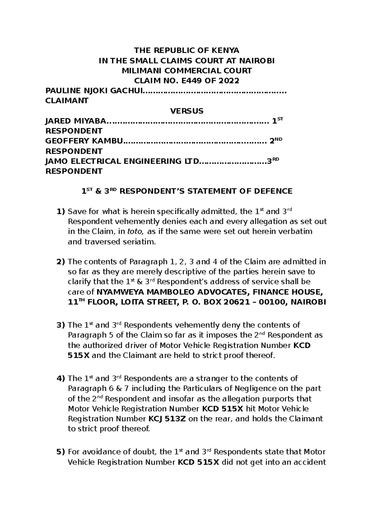 1663150926767 Statement Of Defence THE REPUBLIC OF KENYA IN THE SMALL