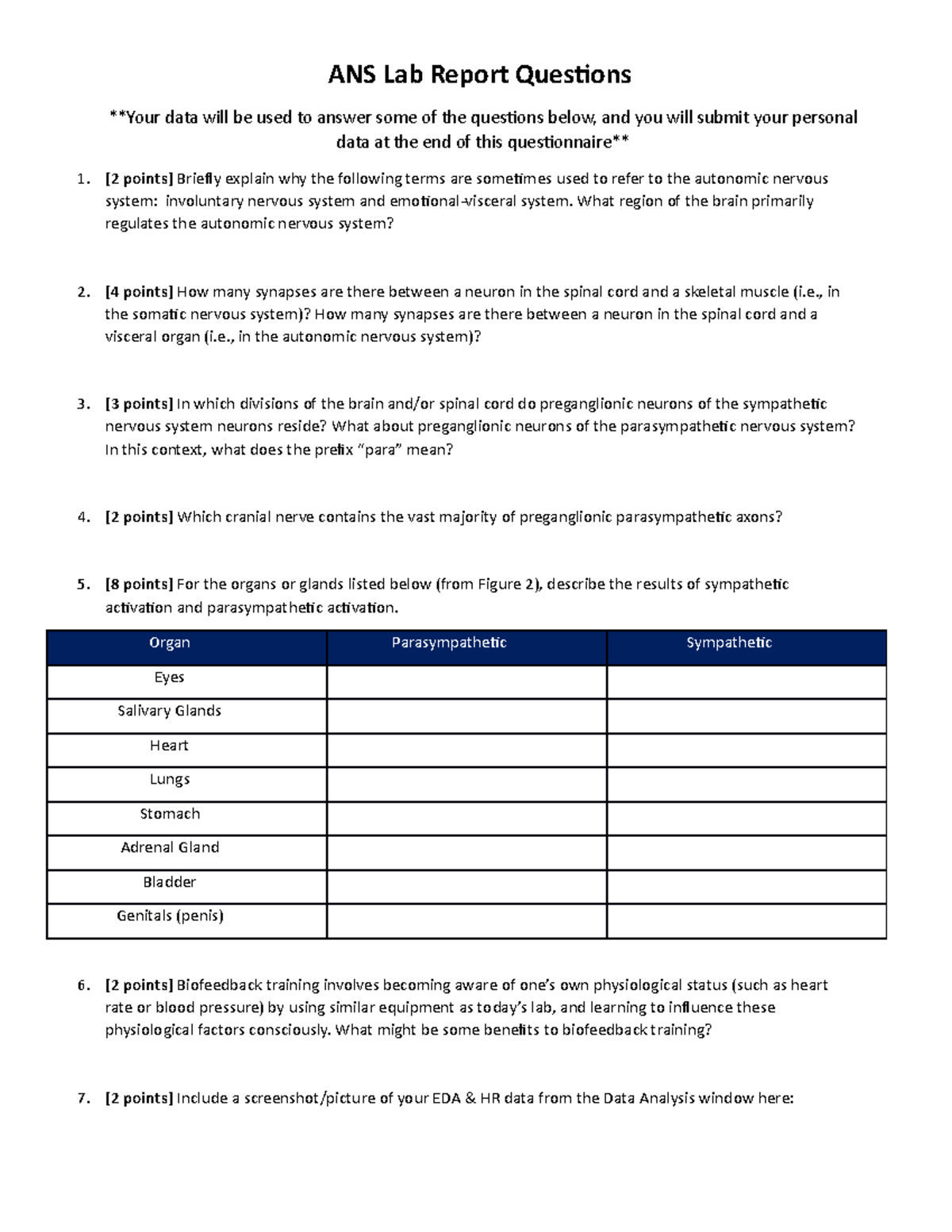 ANS Lab Report Questions ANS Lab Report Questions **Your data will