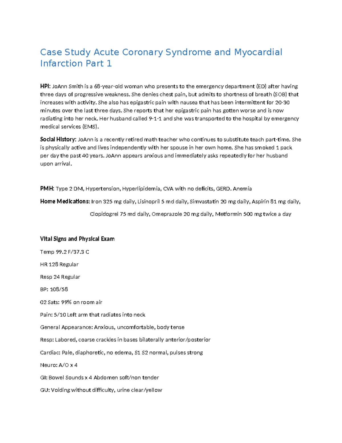 Case Study Acute Coronary Syndrome and Myocardial Infarction Part 1 ...