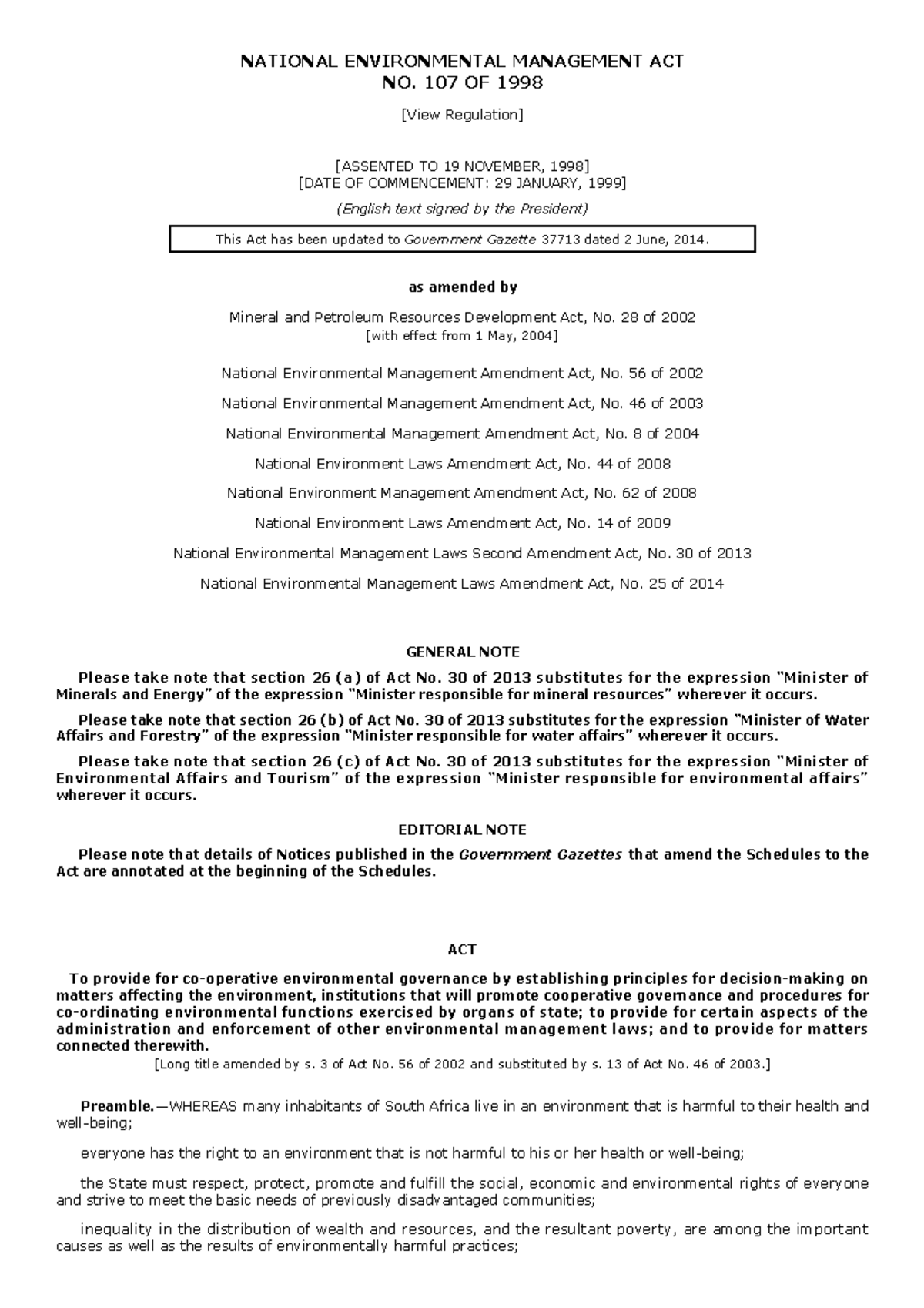 National Environmental Management Act 107 of 1998 NATIONAL