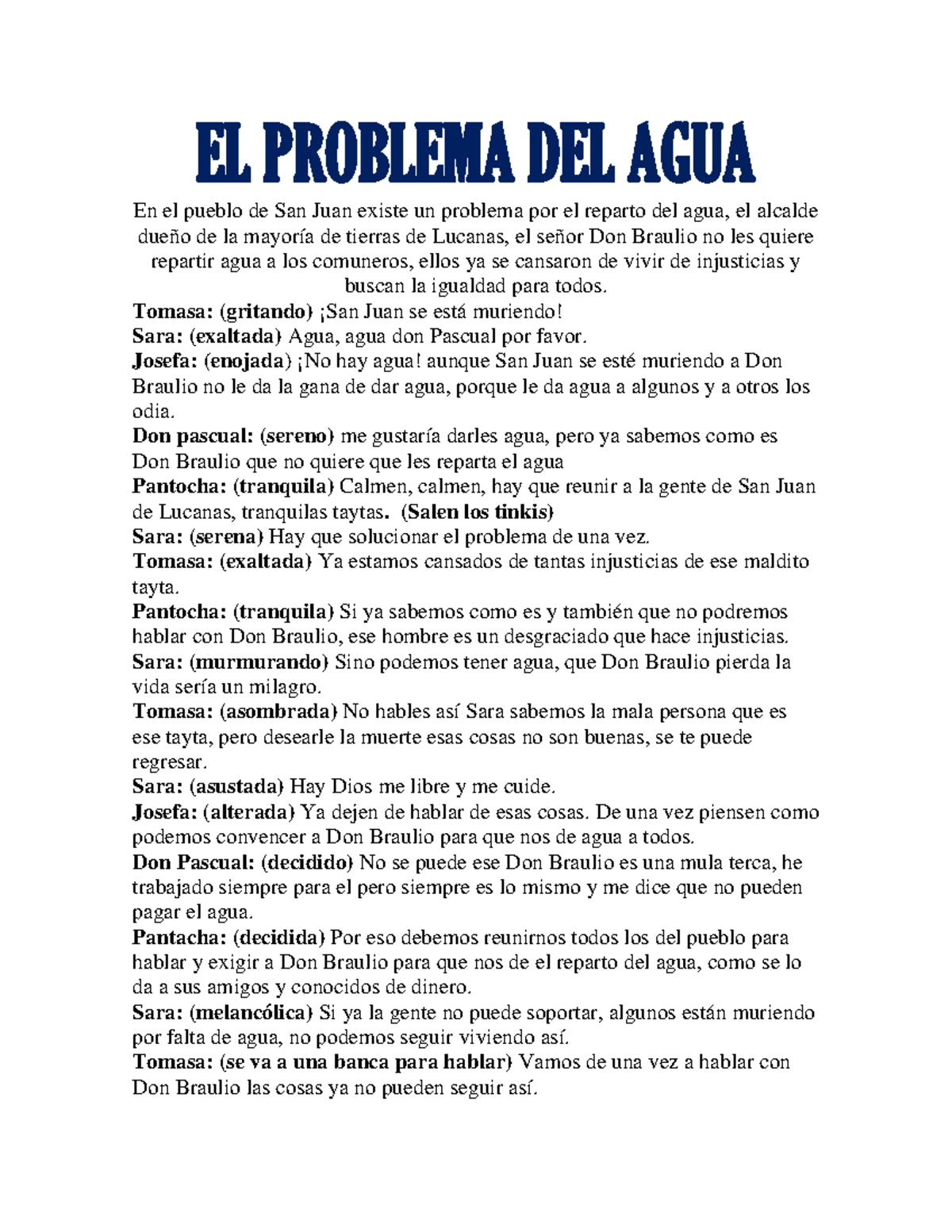 EL Problema DEL AGUA obra de teatro - EL PROBLEMA DEL AGUA En el pueblo ...