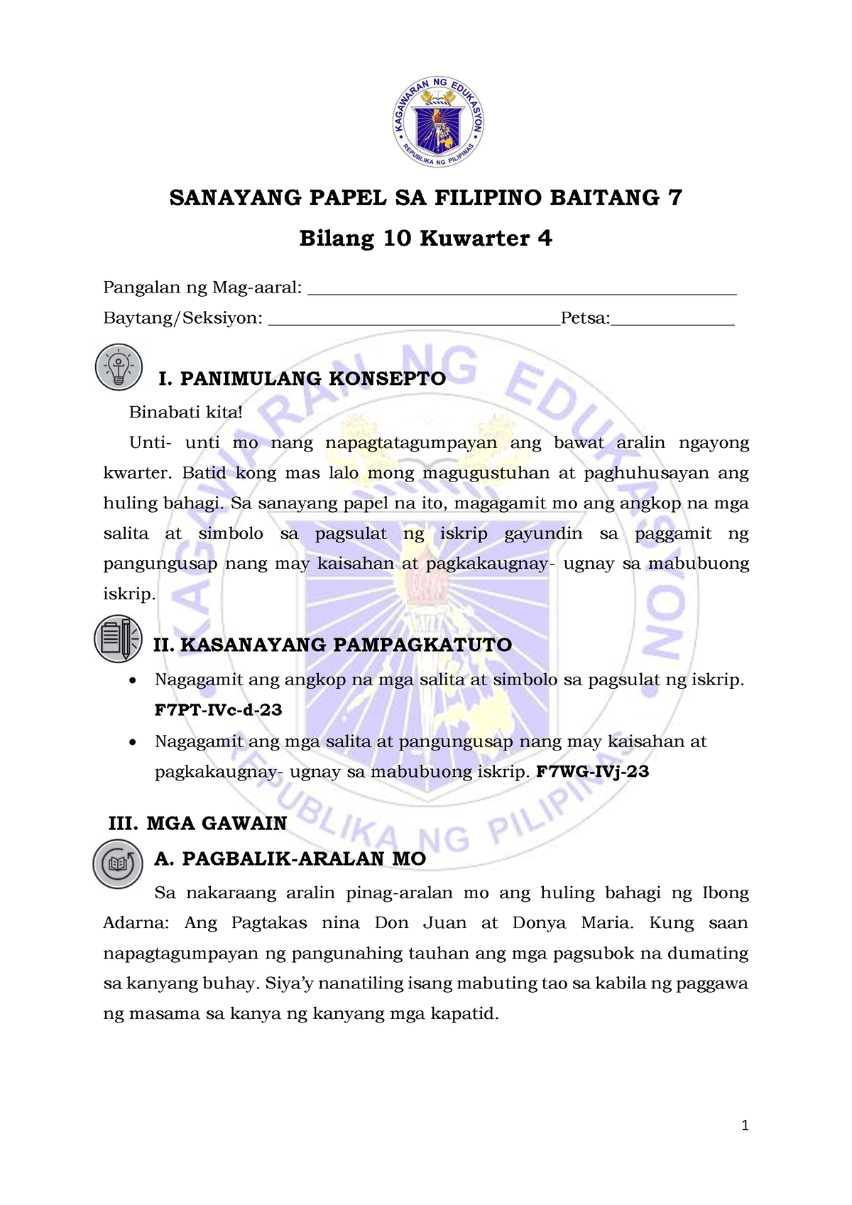 LAS-Q4-10 - For Grade 7 Students - SANAYANG PAPEL SA FILIPINO BAITANG 7 ...