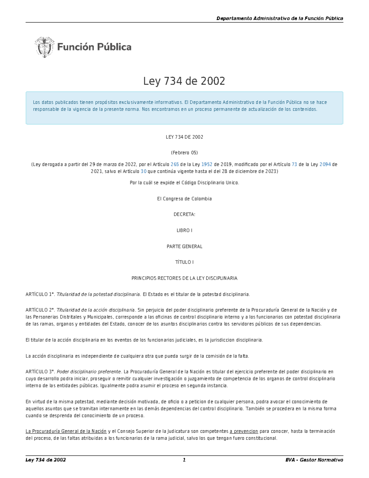 Ley 734 De 2002 - Ley - Ley 734 De 2002 Los Datos Publicados Tienen ...