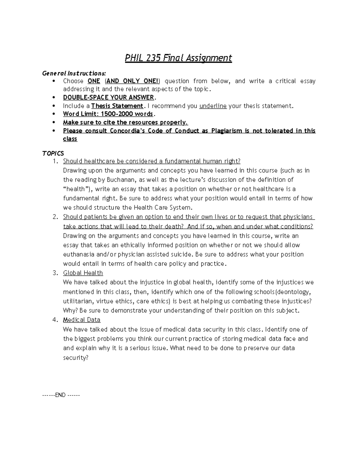 Final Exam Instructions PHIL 235 Final Assignment General