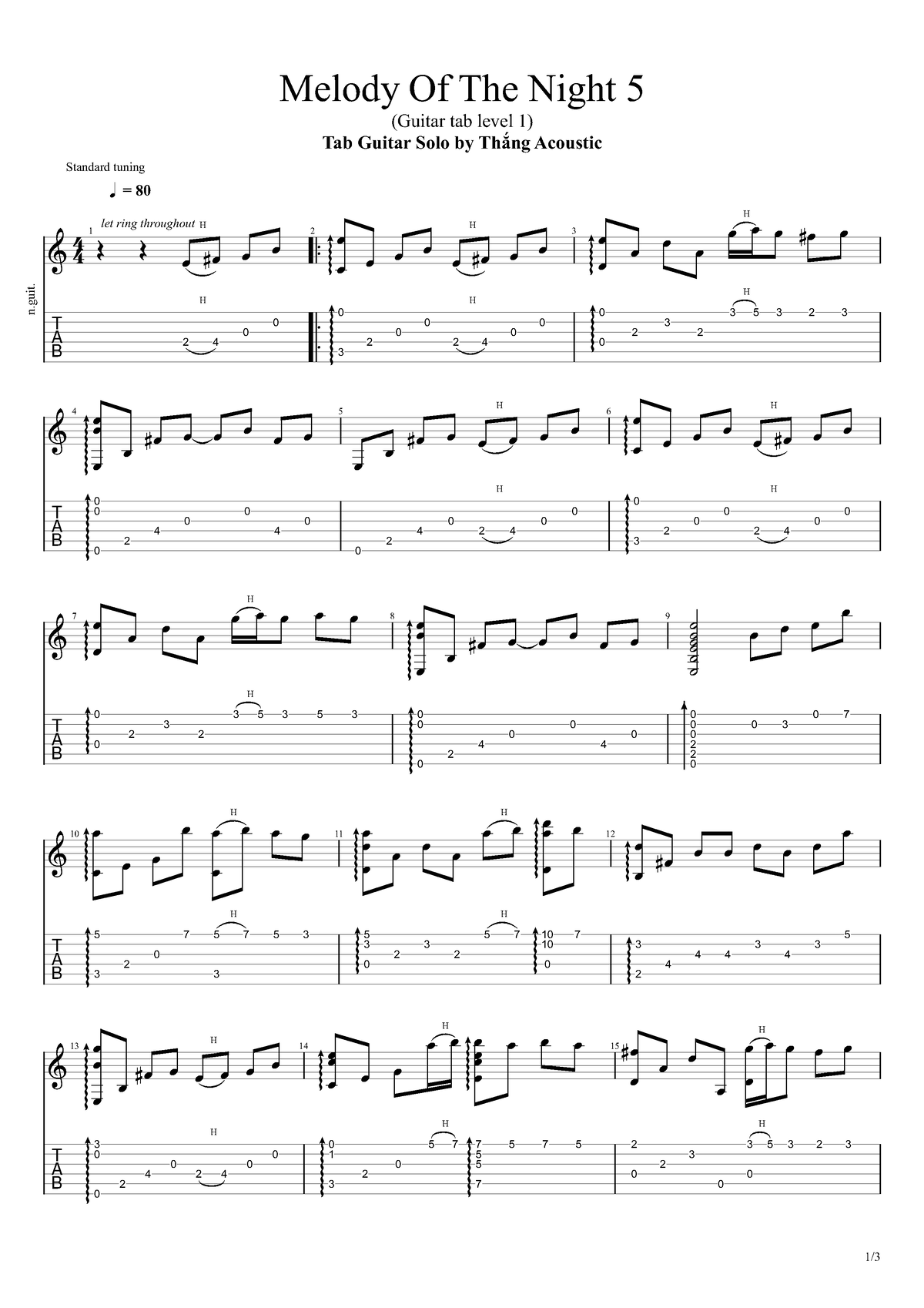 Melody Of The Night 5 - Tab - Melody Of The Night 5 (Guitar Tab Level 1)  Tab Guitar Solo By Thắng - Studocu