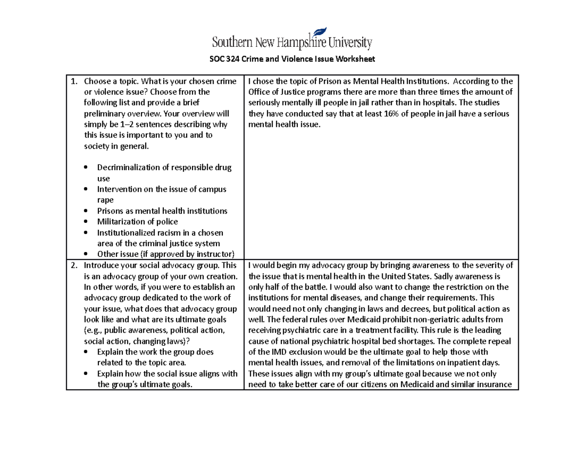 Soc324 crime and violence issue worksheet - SOC 324 Crime and Violence ...