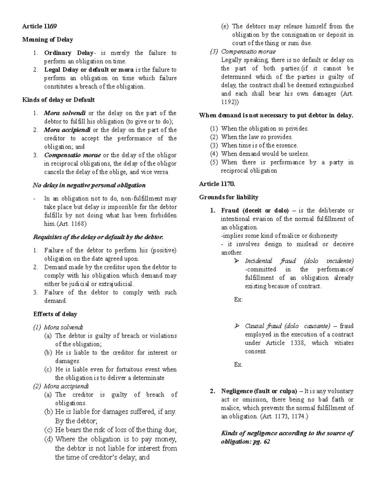 Simple Reference For Obligation And Contracts Article 1169 Meaning Of 