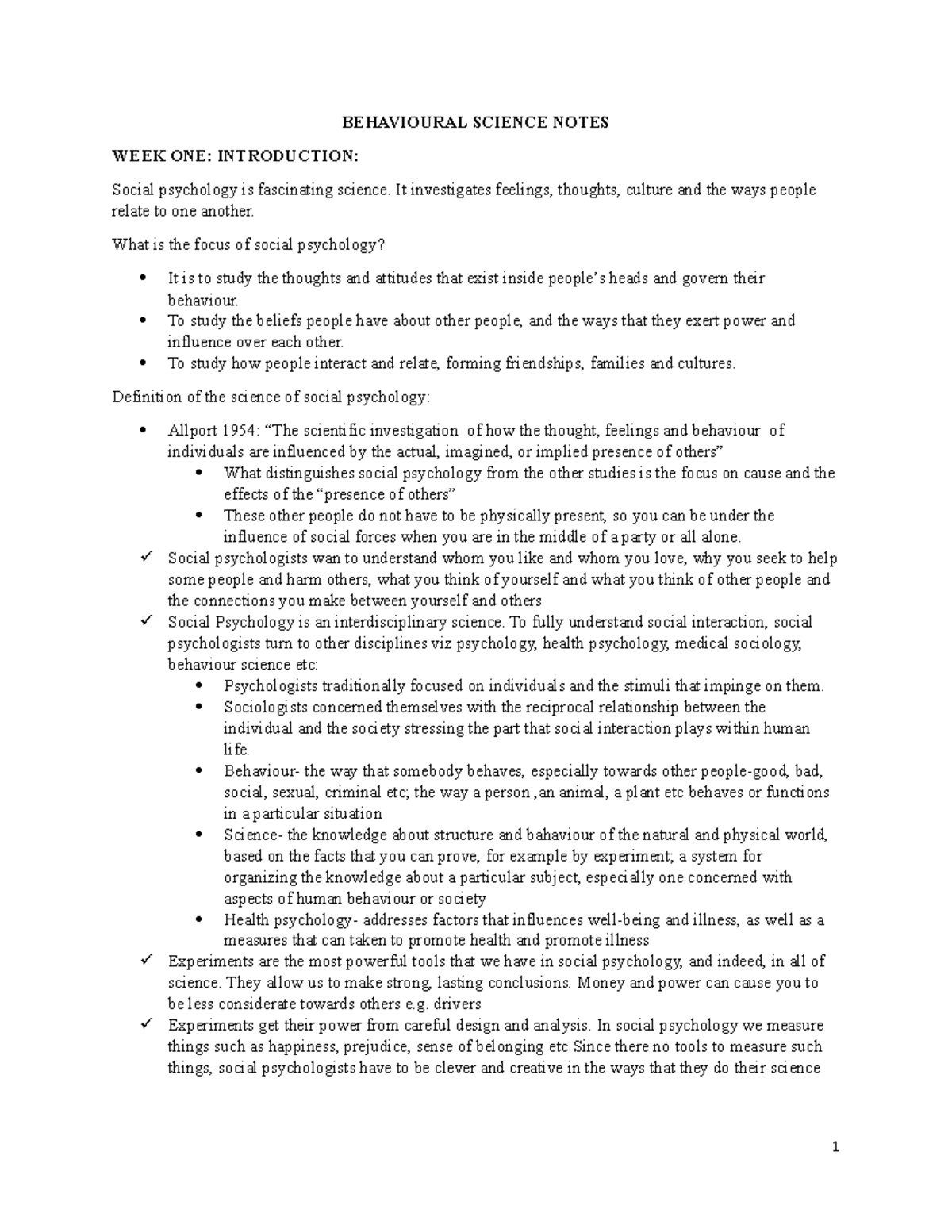 Behavioural Science Notes - BEHAVIOURAL SCIENCE NOTES WEEK ONE ...