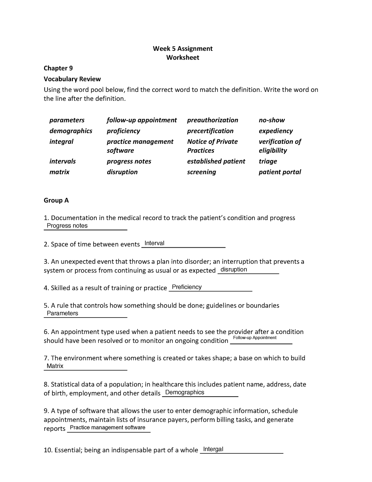 Week 5 Assignment Worksheet Week 5 Assignment Wor Ksh Eet Chapter 9 Vocabulary Review Using 3156