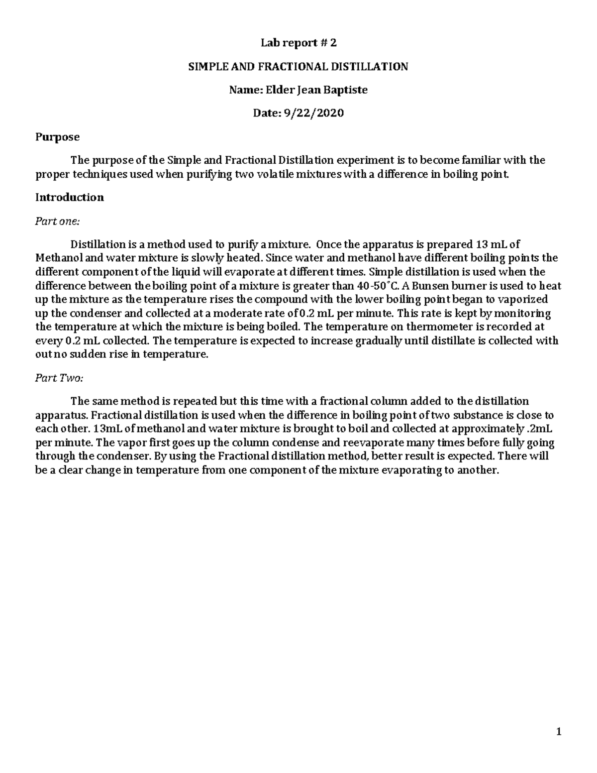 Distillation Lab report Lab report 2 SIMPLE AND FRACTIONAL