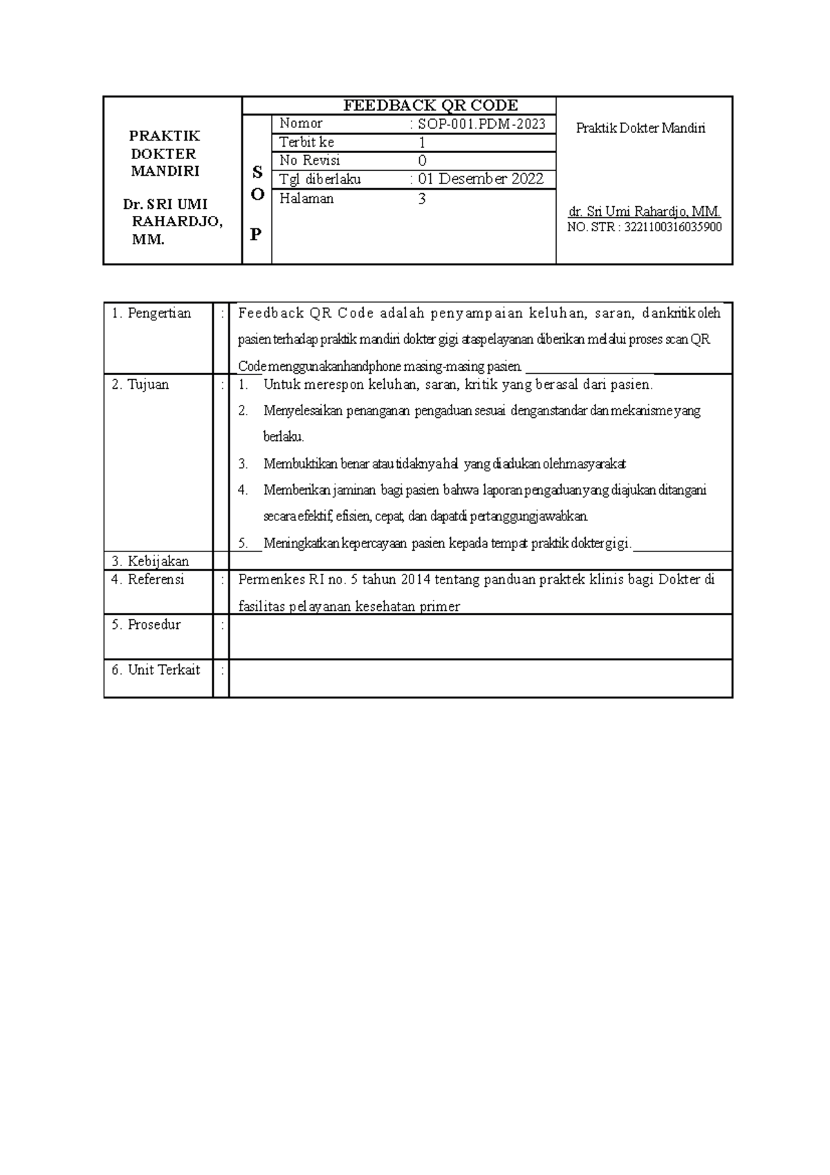 Sop Feedback Qr Code Feedback Qr Code Praktik Dokter Mandiri S O P Nomor Sop