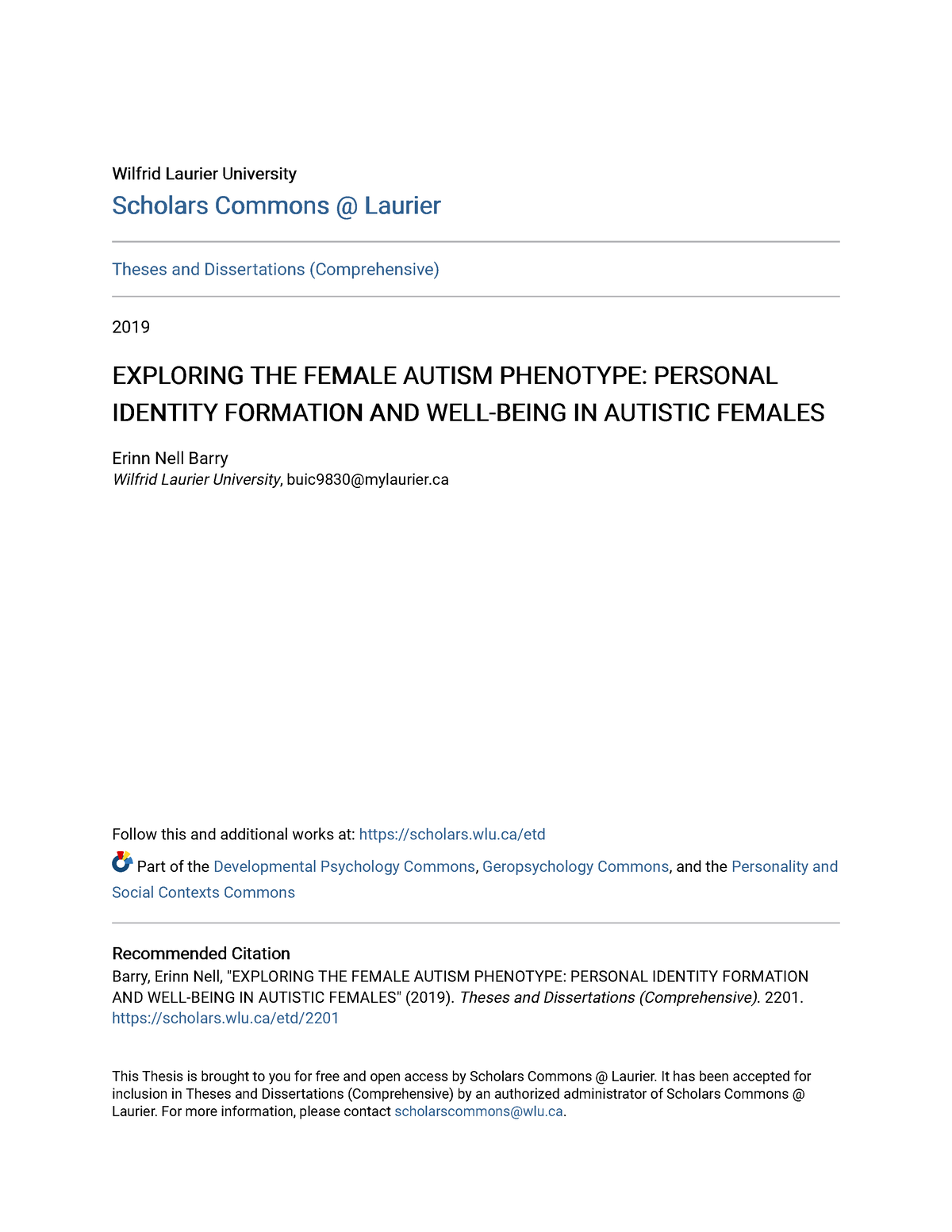 Exploring THE Female Autism Phenotype Personal Identity Formatio ...