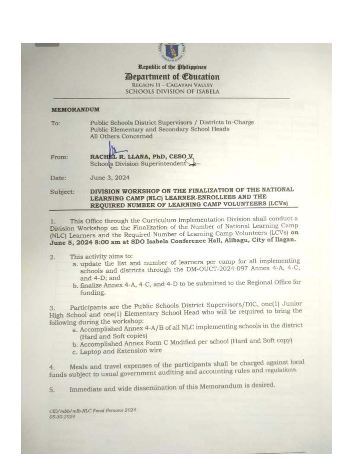 Memo NLC Republic of the Philippines Department of Education REGION