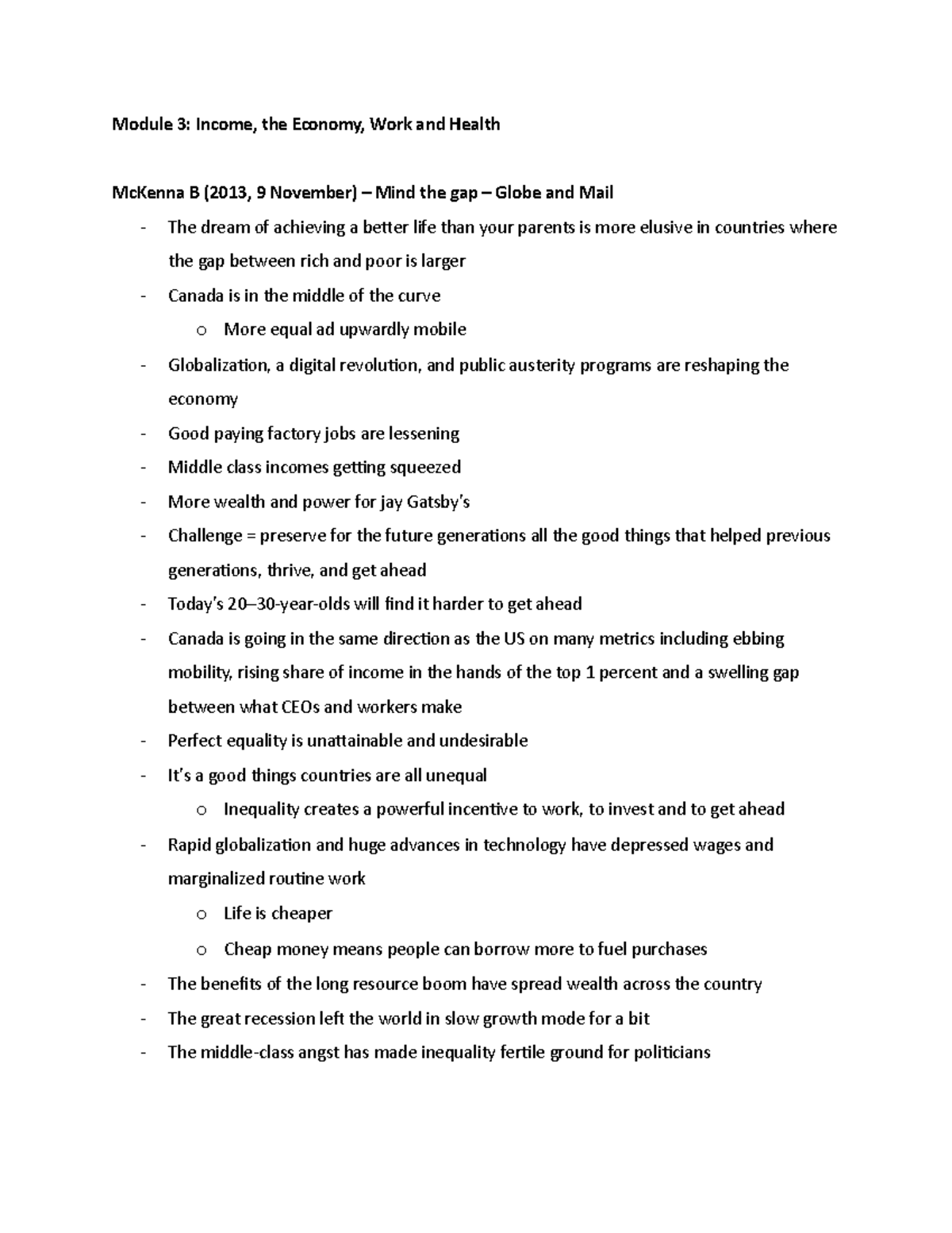 Module 3 - Module 3: Income, the Economy, Work and Health McKenna B ...