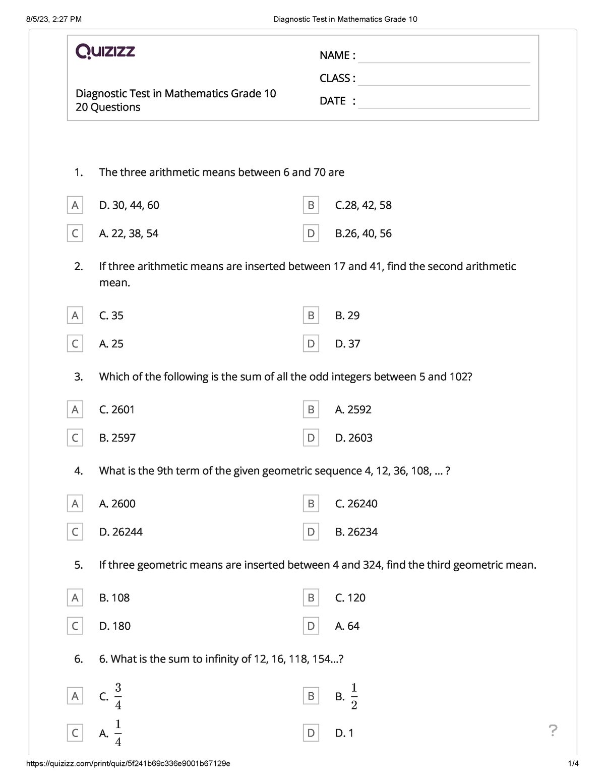 Diagnostic Test in Mathematics Grade 10 - The three arithmetic means ...