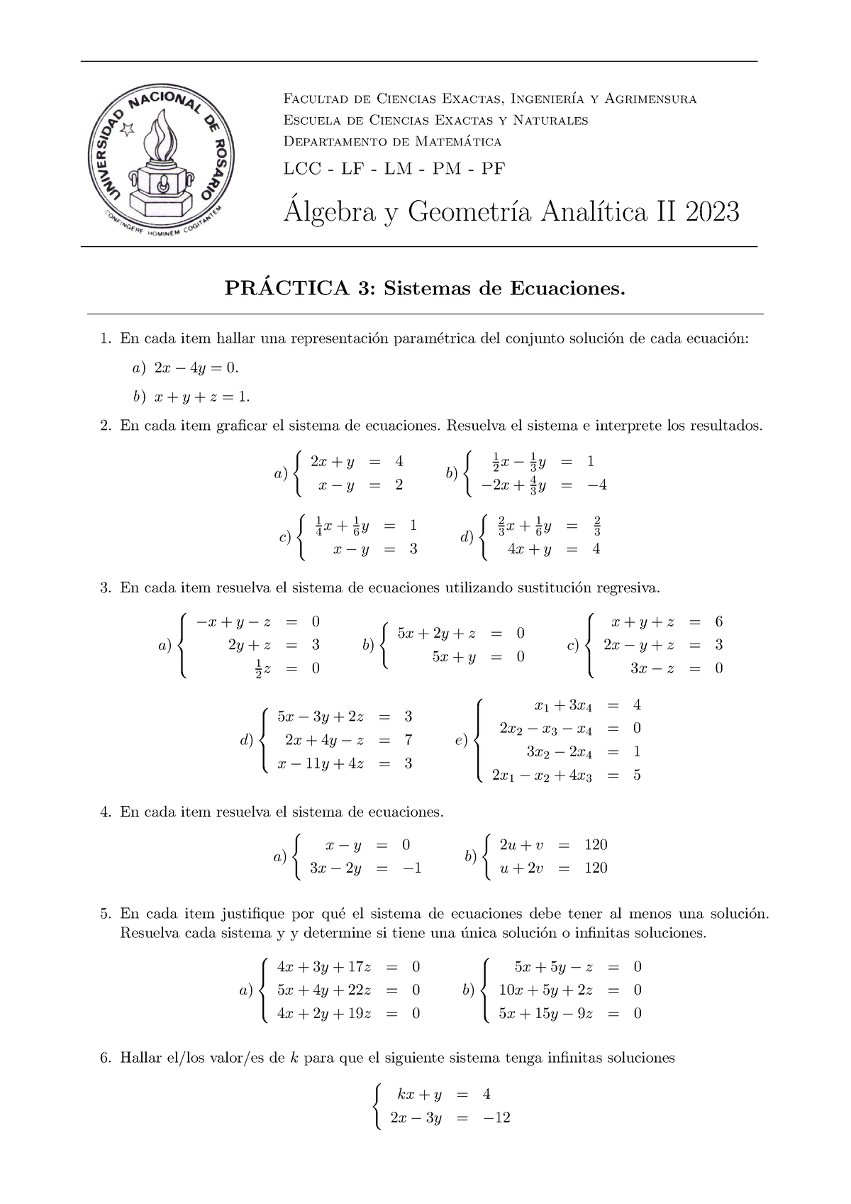 Practica TP Sistemas De Ecuaciones Lineales FCEIA UNR Facultad De Ciencias Exactas