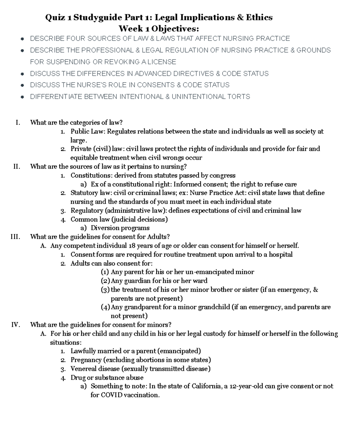 Fundamentals Quiz 1 Studyguide Legal Implications Ethics & End Of Life ...