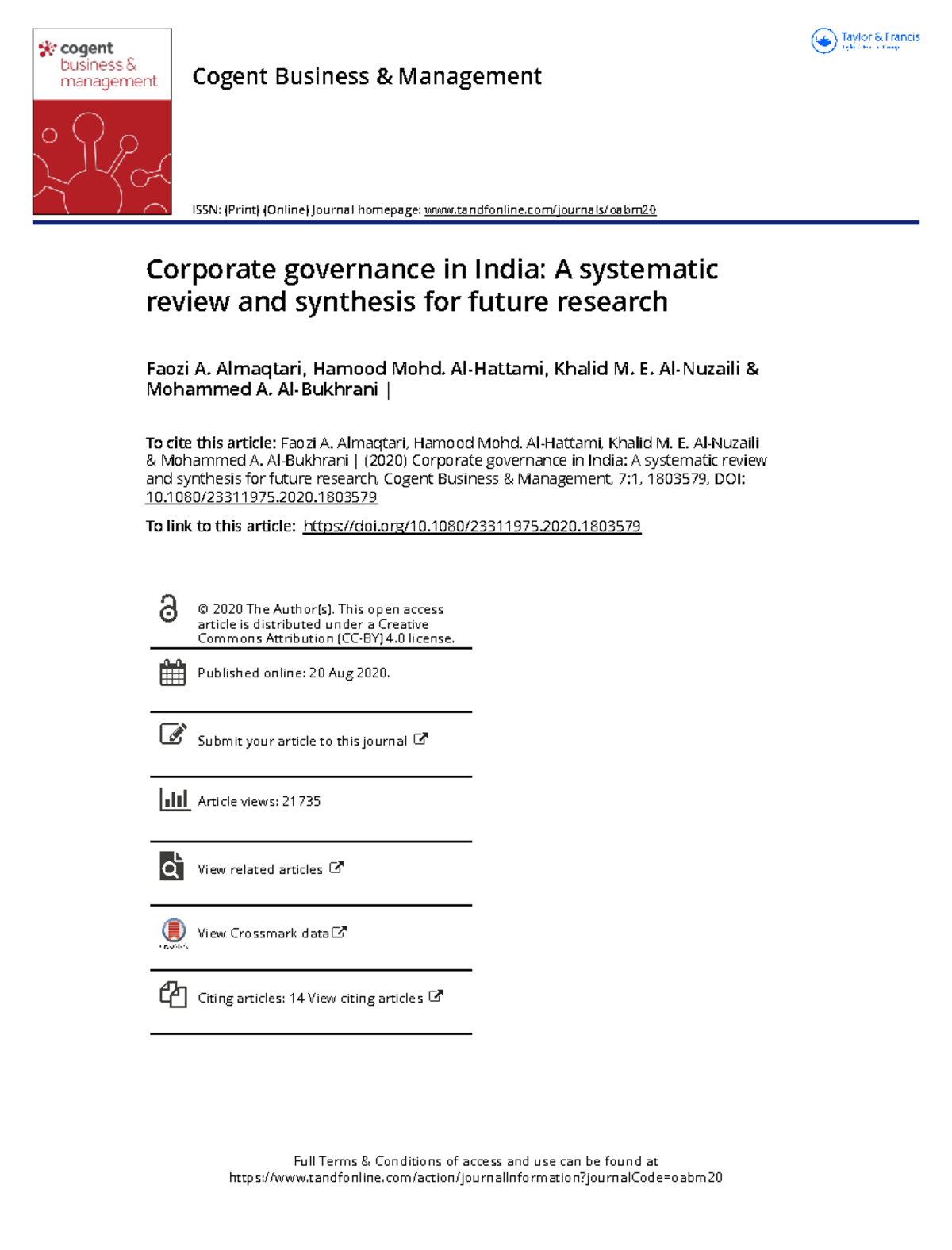 Corporate governance in India A systematic review and synthesis for ...