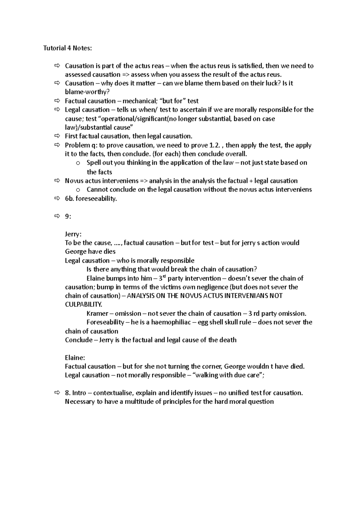 Tutorial 4 Notes - Tutorial 4 Notes: Causation is part of the actus ...