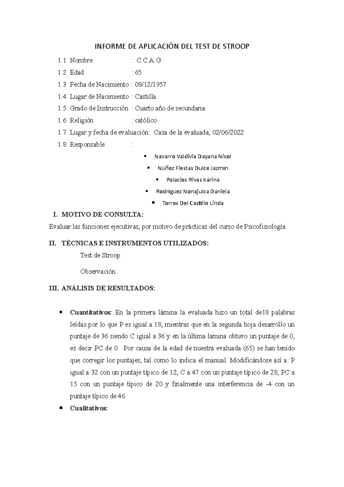 Informe Del Test De Stroop Sra Consuelo Informe De AplicaciÓn Del Test De Stroop 1 Nombre C 3726