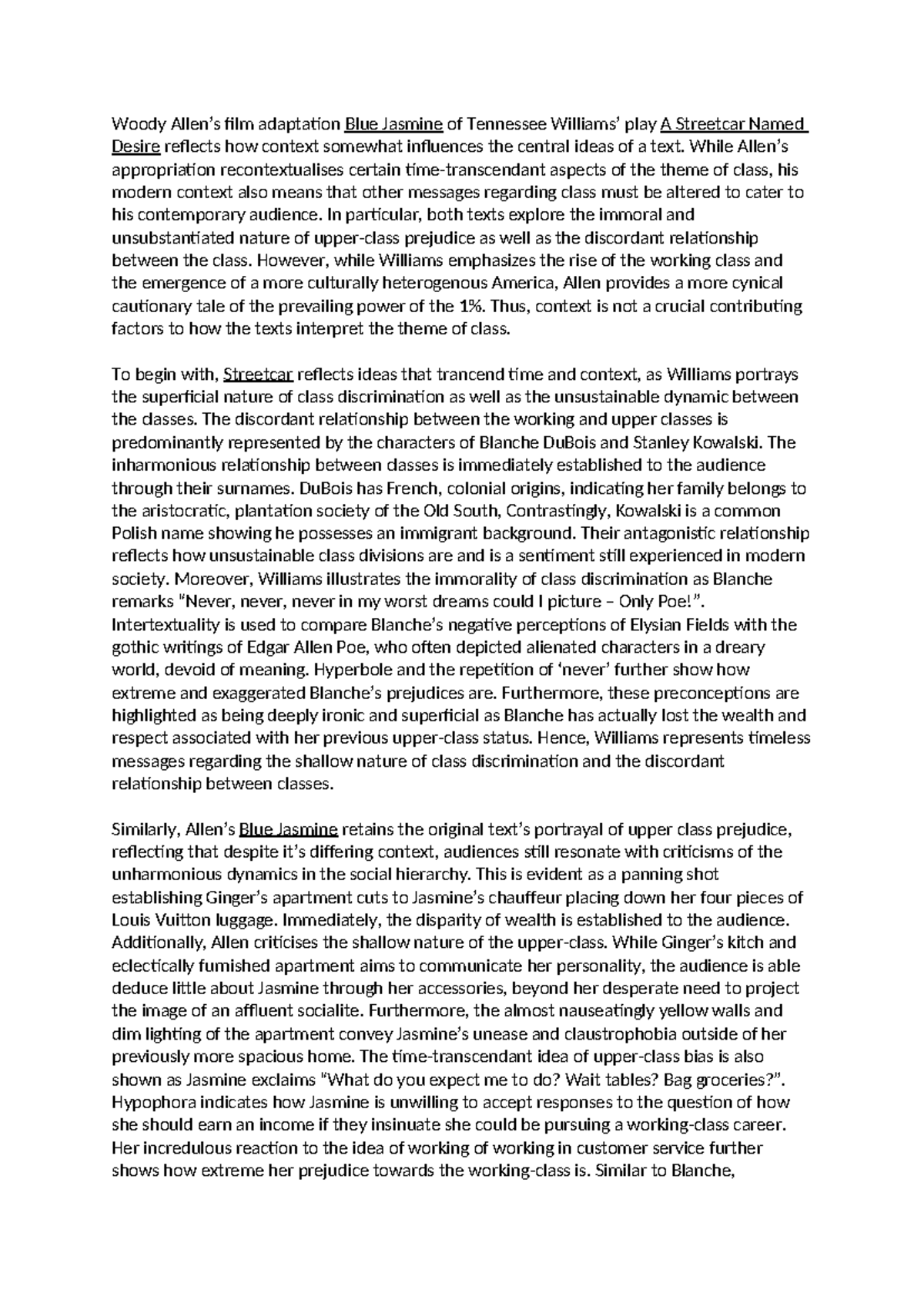 Task 2 Typed up Streetcar Named Desire & Blue Jasmine Practice