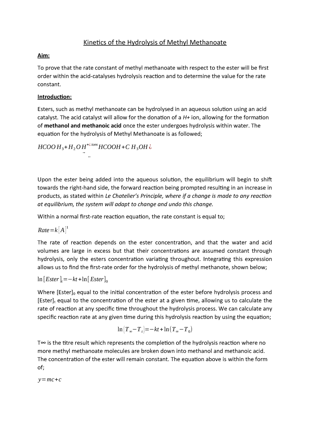 Chem-Lab-Report - Kinetics Hydrolysis Lab Report - StuDocu