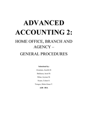 Home office and branch acctg - ADVANCED ACCOUNTING 2: HOME OFFICE, BRANCH  AND AGENCY – GENERAL - Studocu