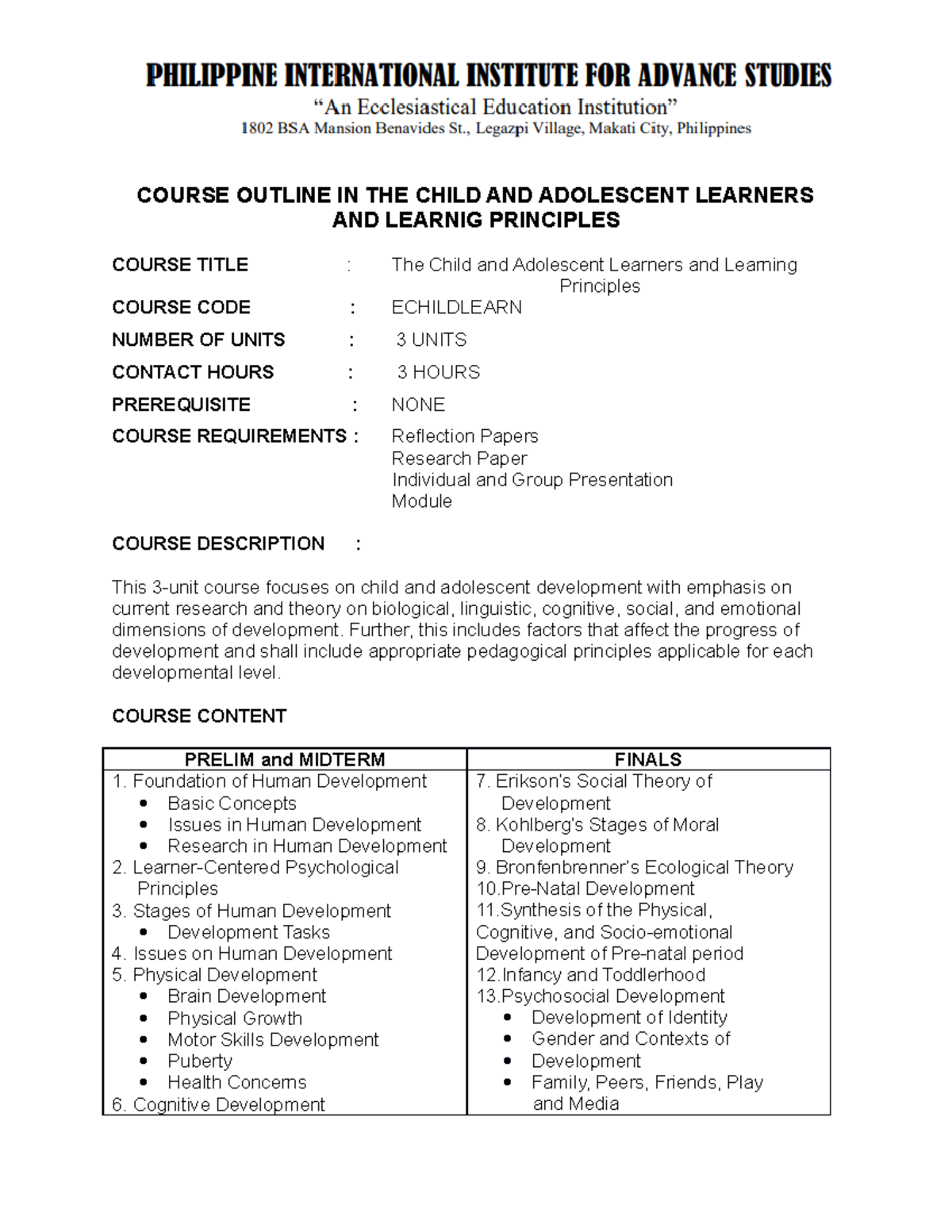 Course Outline IN THE Child AND Adolescent Learners AND Learnig ...
