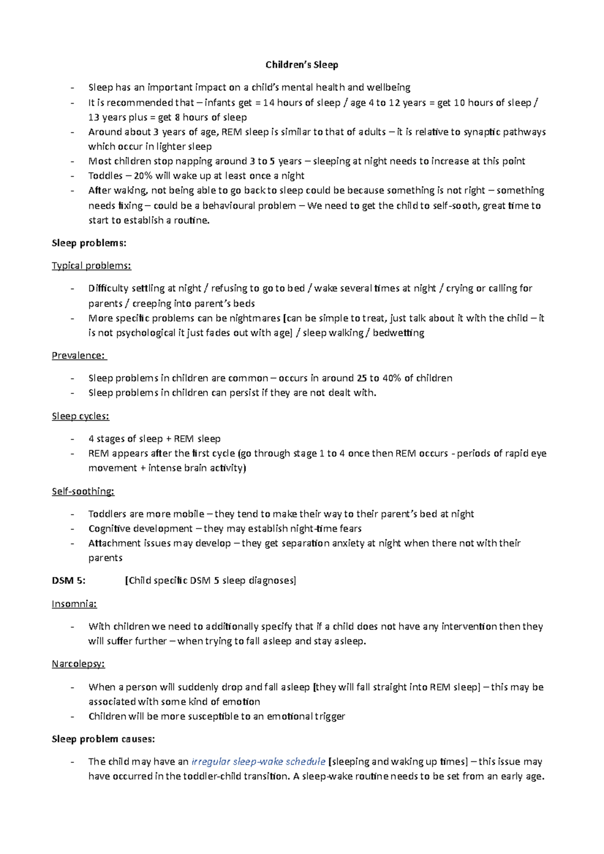 Children's sleep - Lecture notes 18 - Children’s Sleep - Sleep has an ...