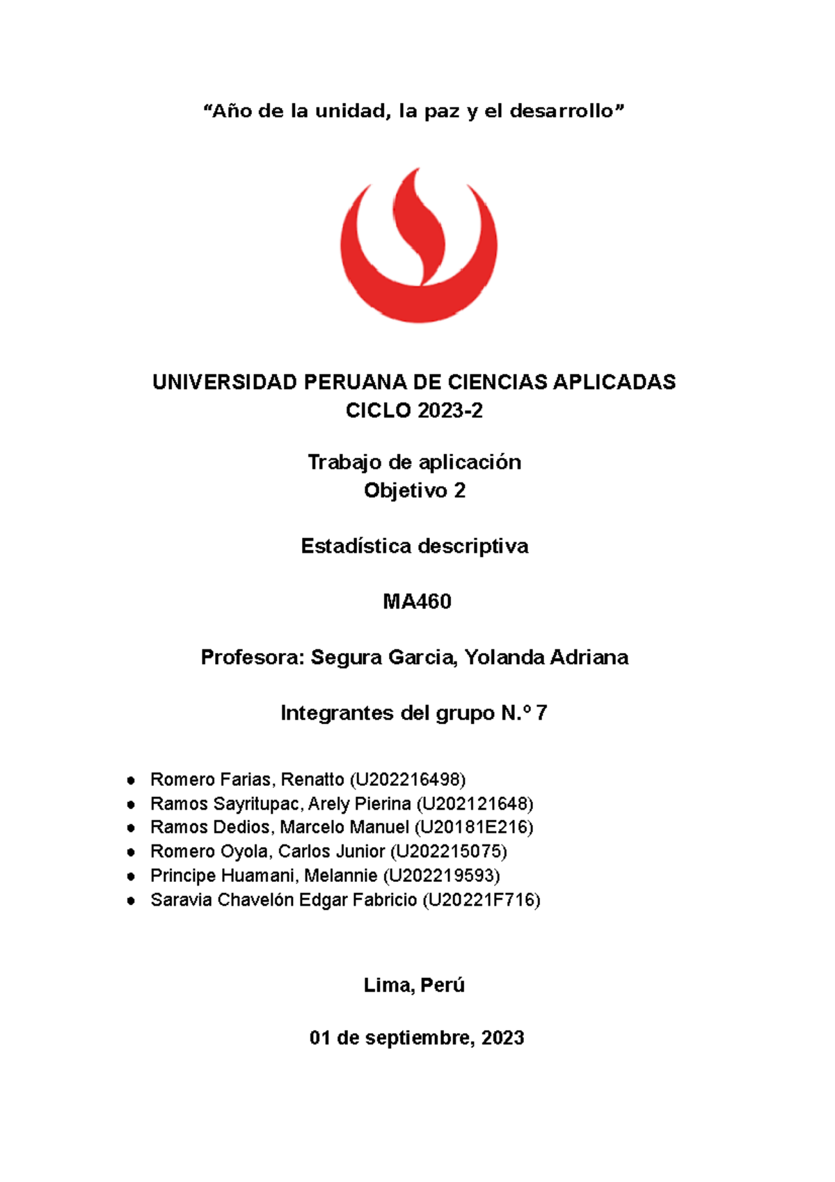 Est. Descrip. Objetivos 2 Grupo 7 - “Año de la unidad, la paz y el ...