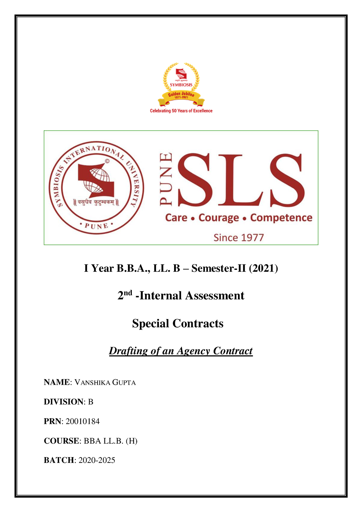 Agency Contract - Good - I Year B.B., LL. B – Semester-II (2021) 2 Nd ...