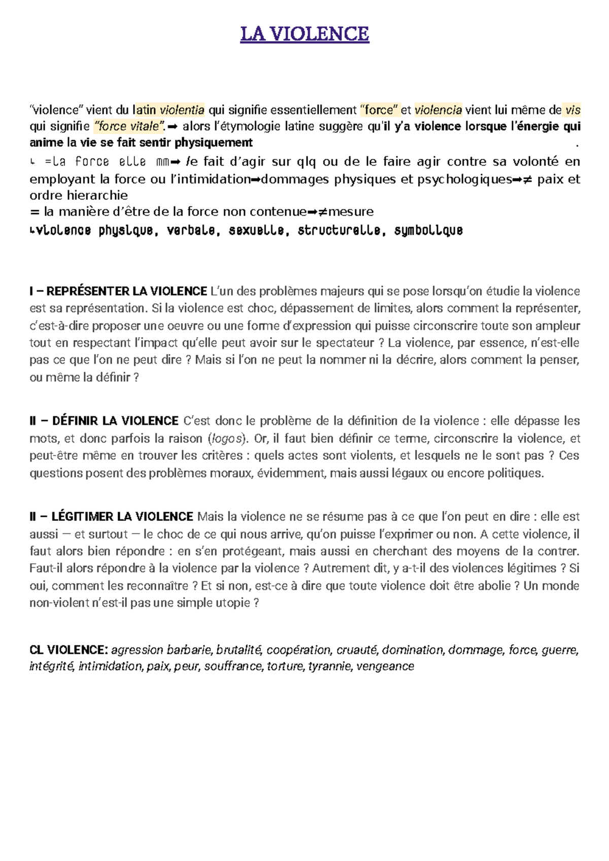 LA Violence - LA VIOLENCE “violence” vient du latin violentia qui ...