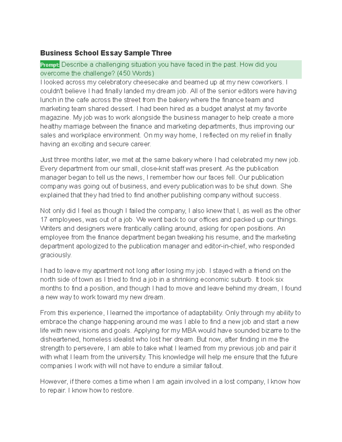 Buisness sample essay 3 and 4 Business School Essay Sample Three