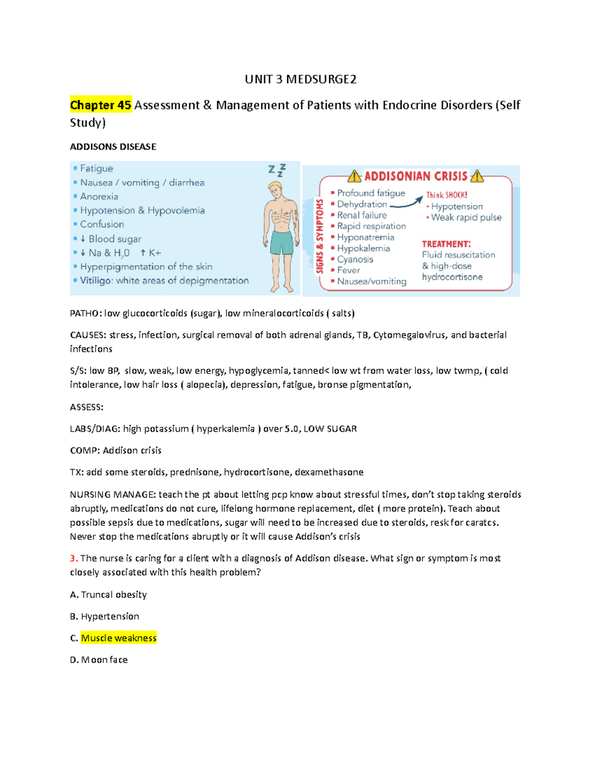 UNIT 3 Medsurge 2 - Study Notes - UNIT 3 MEDSURGE Chapter 45 Assessment ...