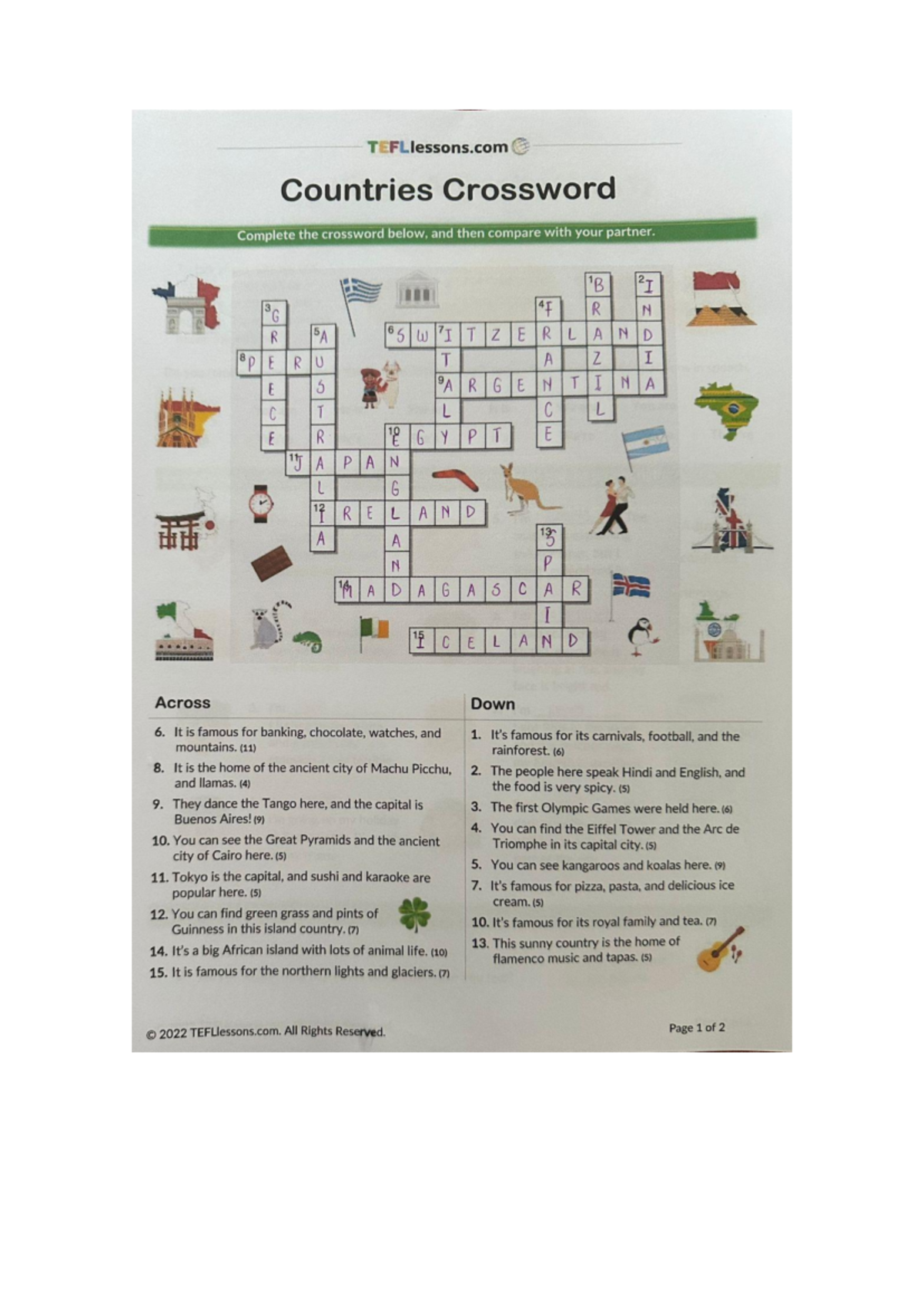 Countries Crossword - 2B 3 G FRN R 5A SWITZERLAND SPERU T AZI E 5 ...