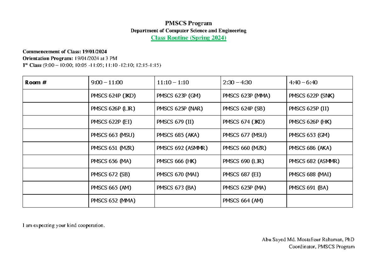 Class-Routine-Spring 2024 - PMSCS Program Department of Computer ...