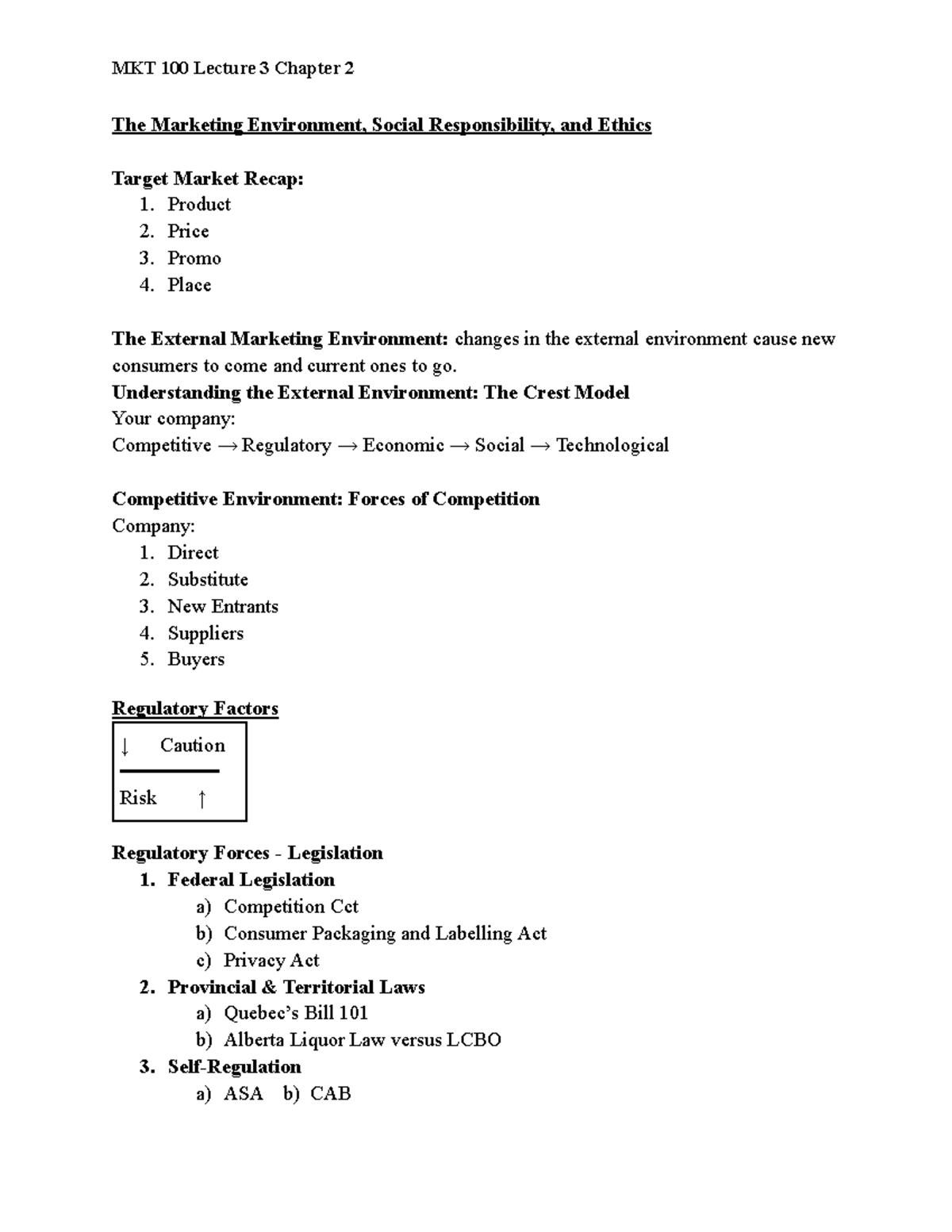 MKT 100 Lecture 3 - study answers - The Marketing Environment, Social ...