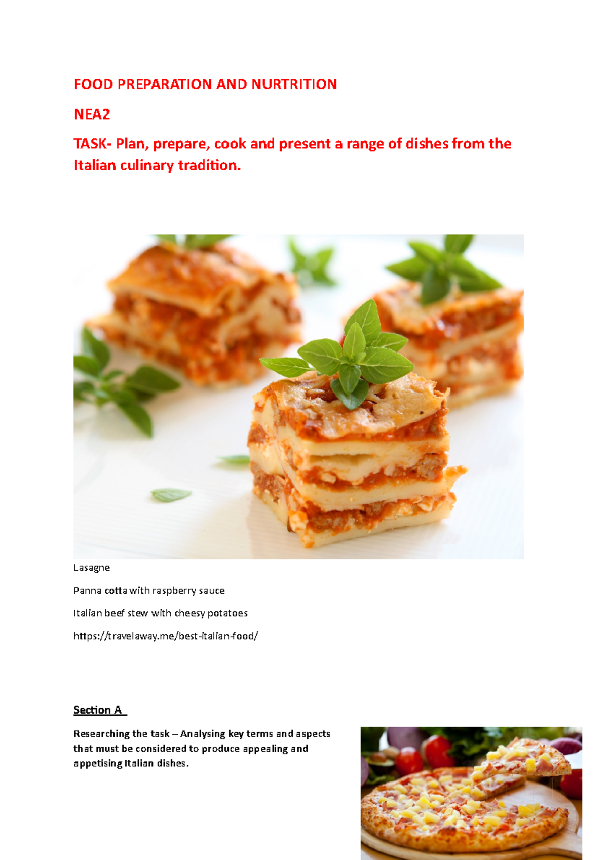 Nea 2 Italian New - FOOD PREPARATION AND NURTRITION NEA TASK- Plan ...