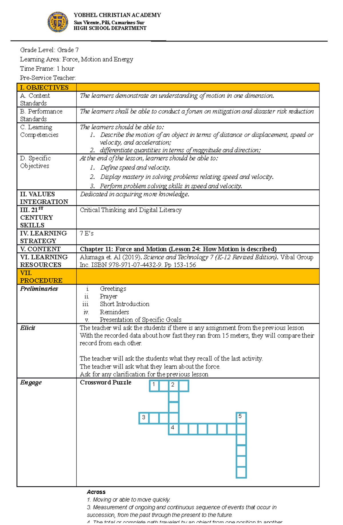 Motion, Speed and Velocity YOBHEL CHRISTIAN ACADEMY San Vicente, Pili