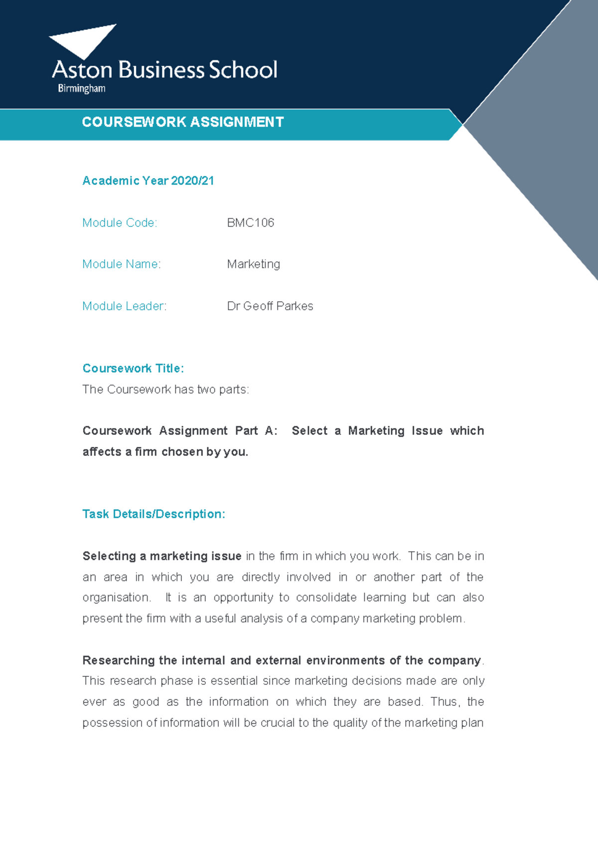 BMC106 Coursework Assignment 2 X Part Assessment - Academic Year 2020 ...