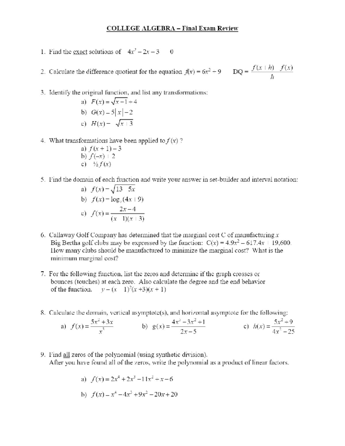 College Algebra – Final Exam Review X F - MATH-121-46479 - Studocu