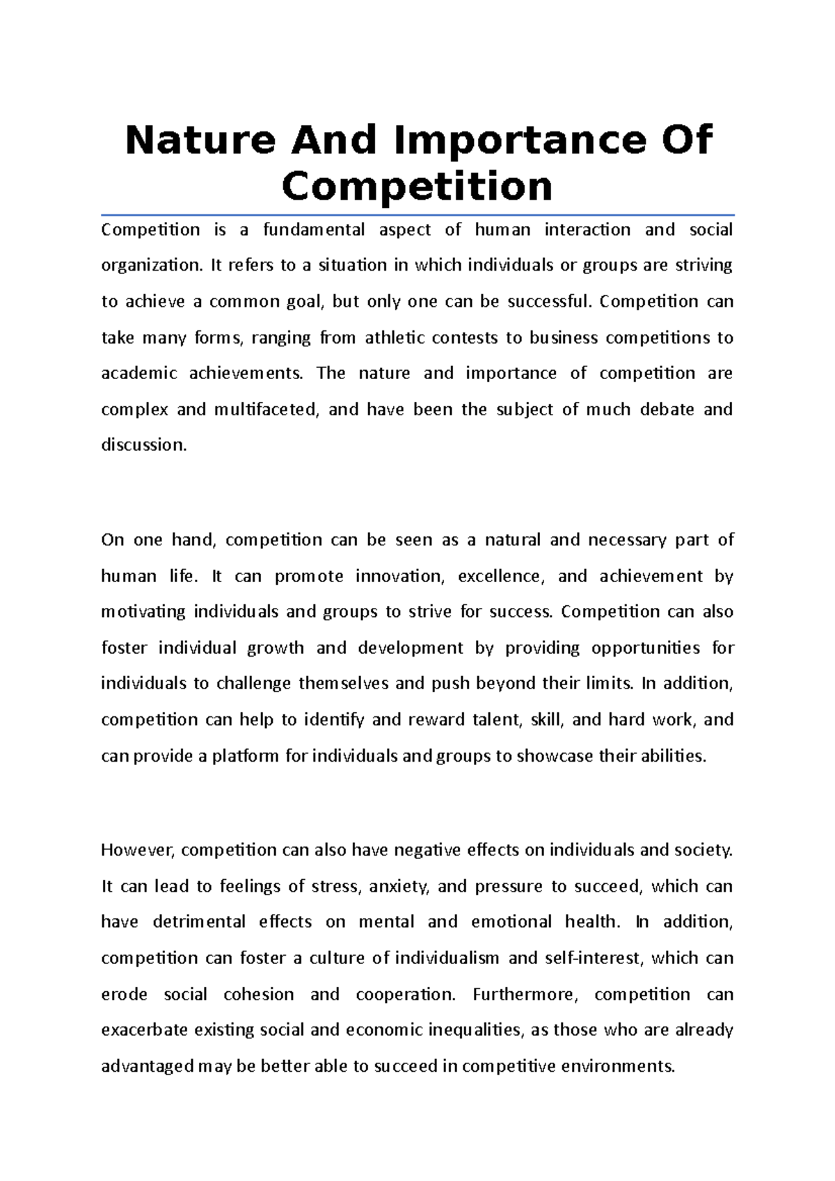 Note on Nature And Importance Of Competition Nature And Importance Of Competition Competition