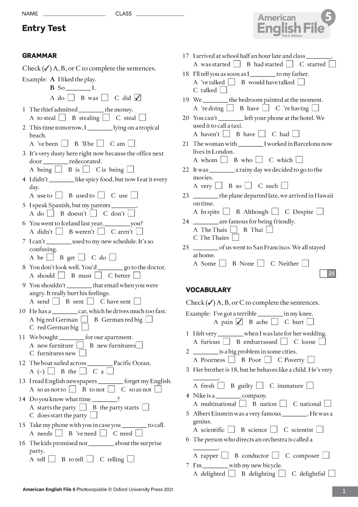 AEF3e L5 Entry Test - 1 Entry T Est American English File 5 ...