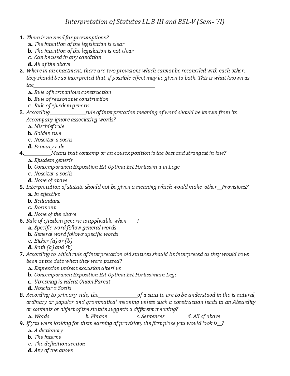 MCQ's on Interpretation of statute - Interpretation of Statutes LL III ...