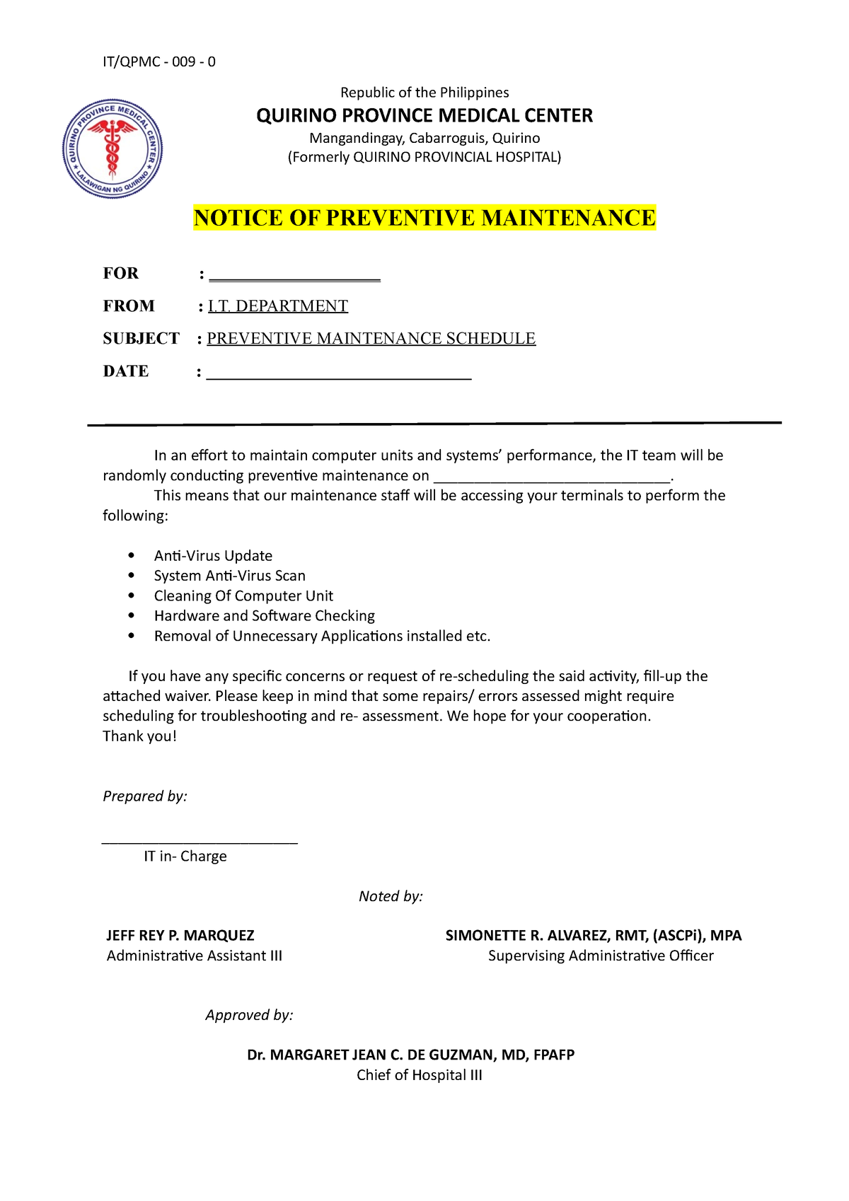 Notice of PM - better not saying - IT/QPMC - 009 - 0 Republic of the ...